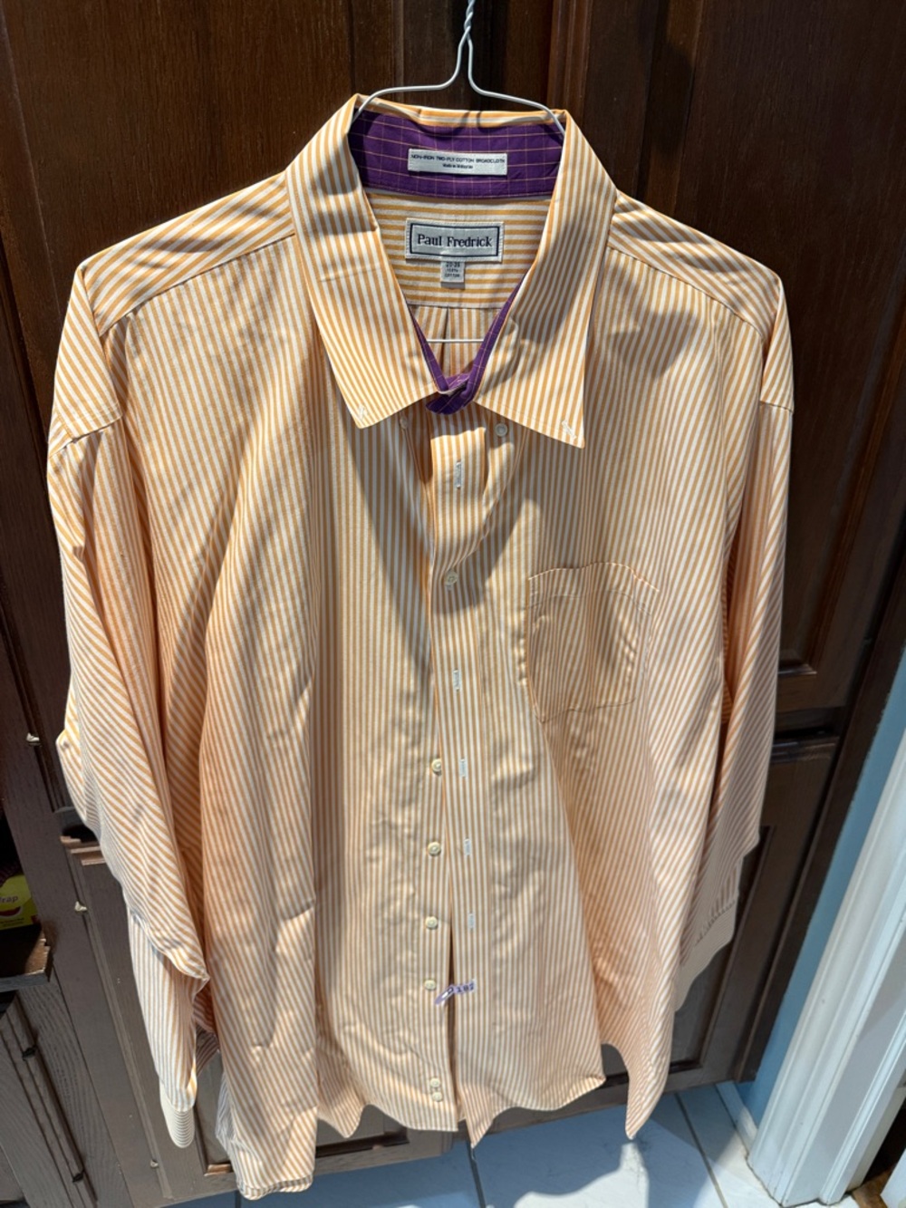 Paul Fredrick Men's Yellow-Orange Striped Dress Shirt with Purple Trim 20-35